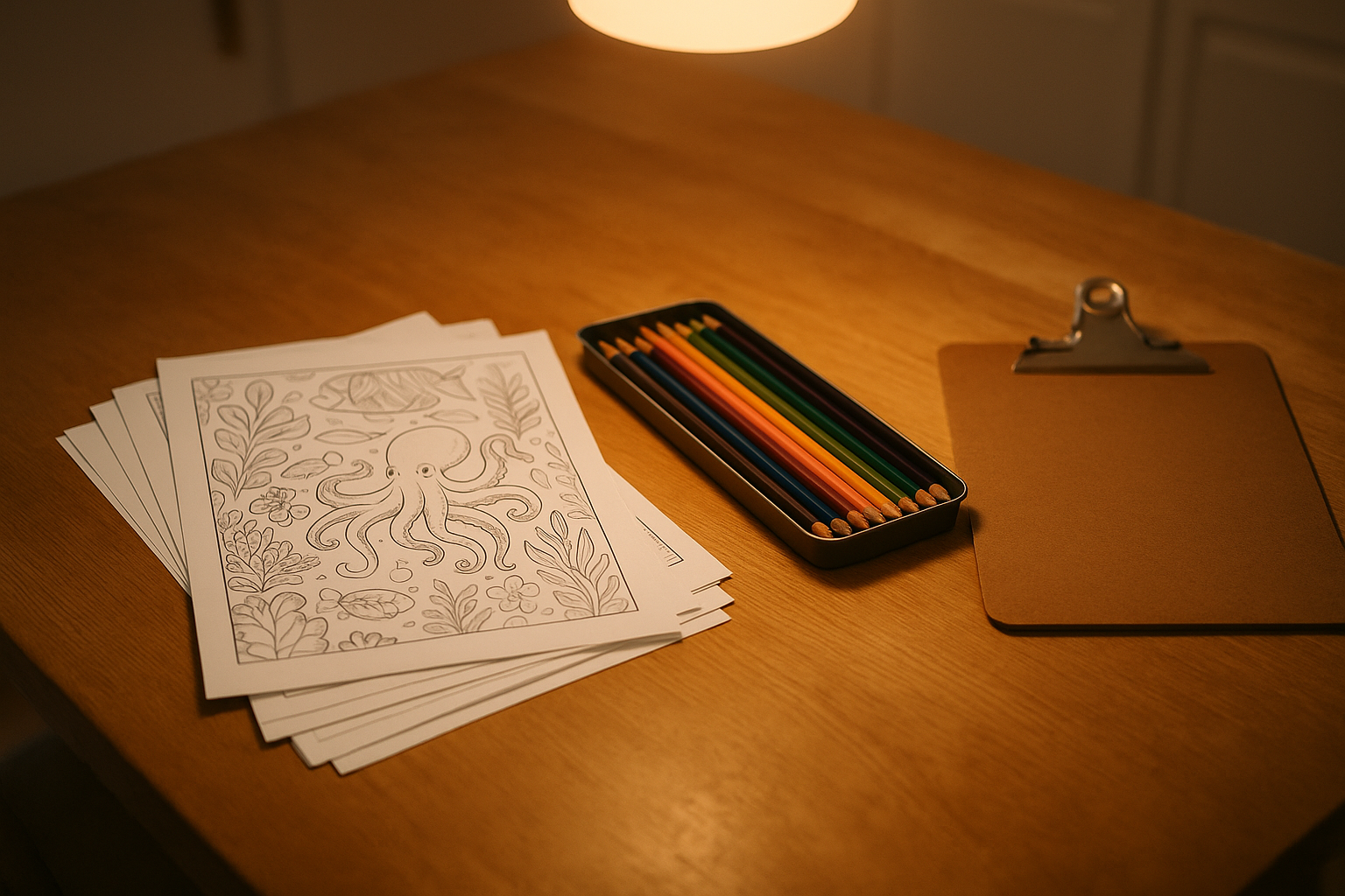 Stapel ausgedruckter Malvorlagen mit Buntstiften und Unterlage auf einem Tisch