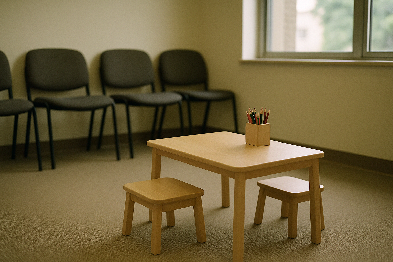 Kleine Malecke mit niedrigem Tisch und Stiften im Wartebereich eines Büros