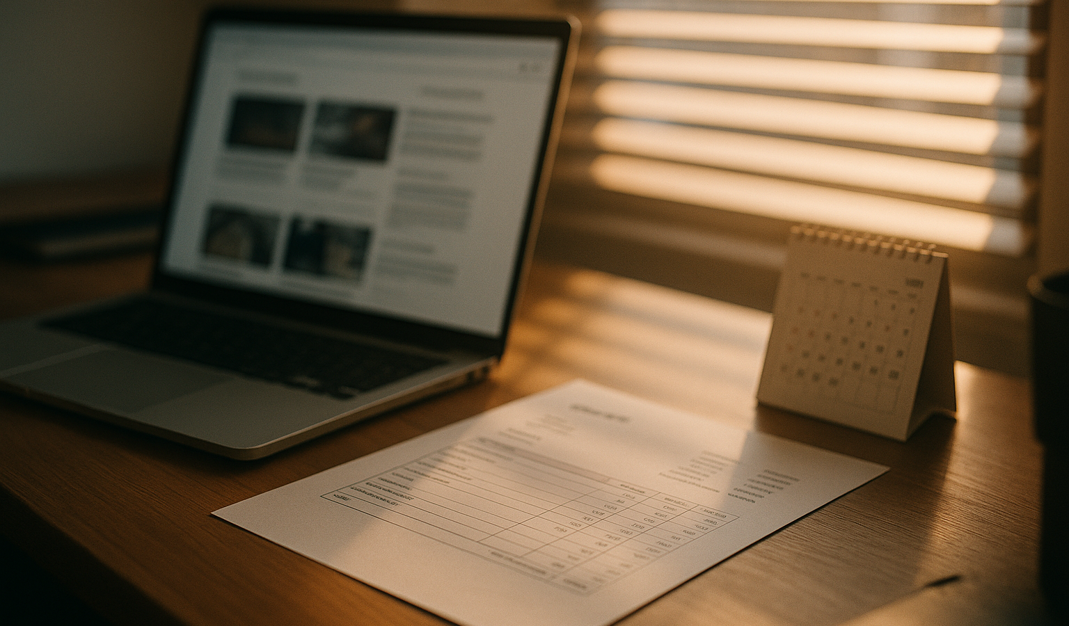 Büroschreibtisch mit Laptop, Angebotsunterlagen und Kalender im Morgenlicht