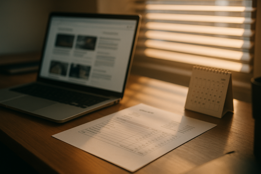 Büroschreibtisch mit Laptop, Angebotsunterlagen und Kalender im Morgenlicht