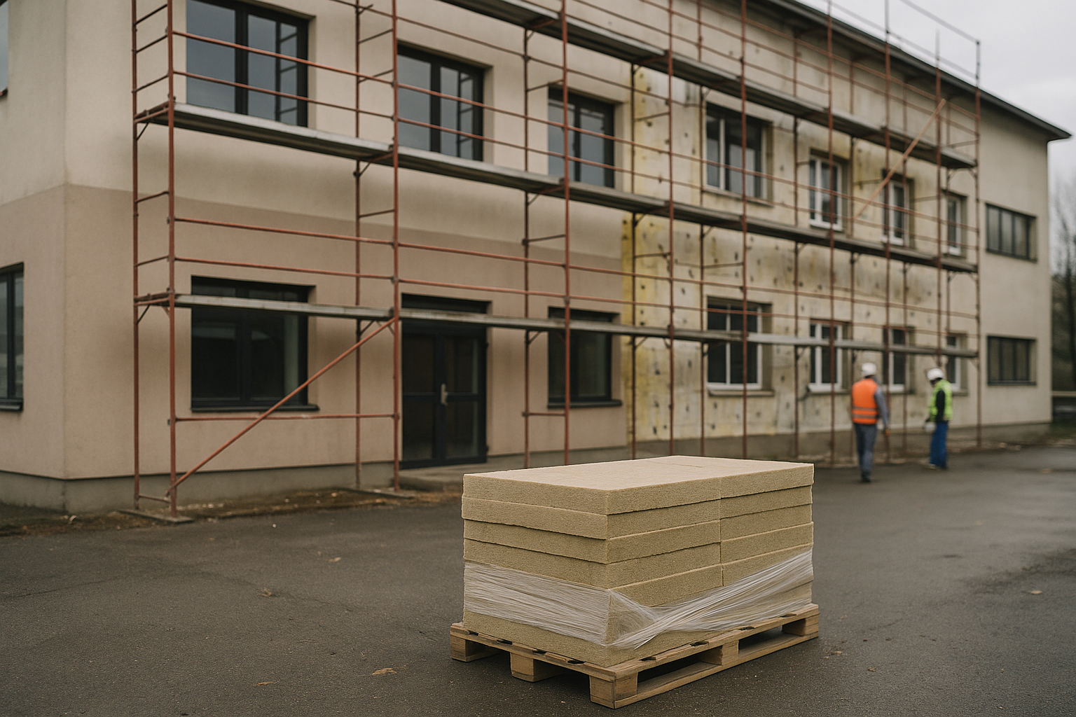 Gewerbegebäude mit Gerüst und gestapelten Dämmplatten während der Sanierung